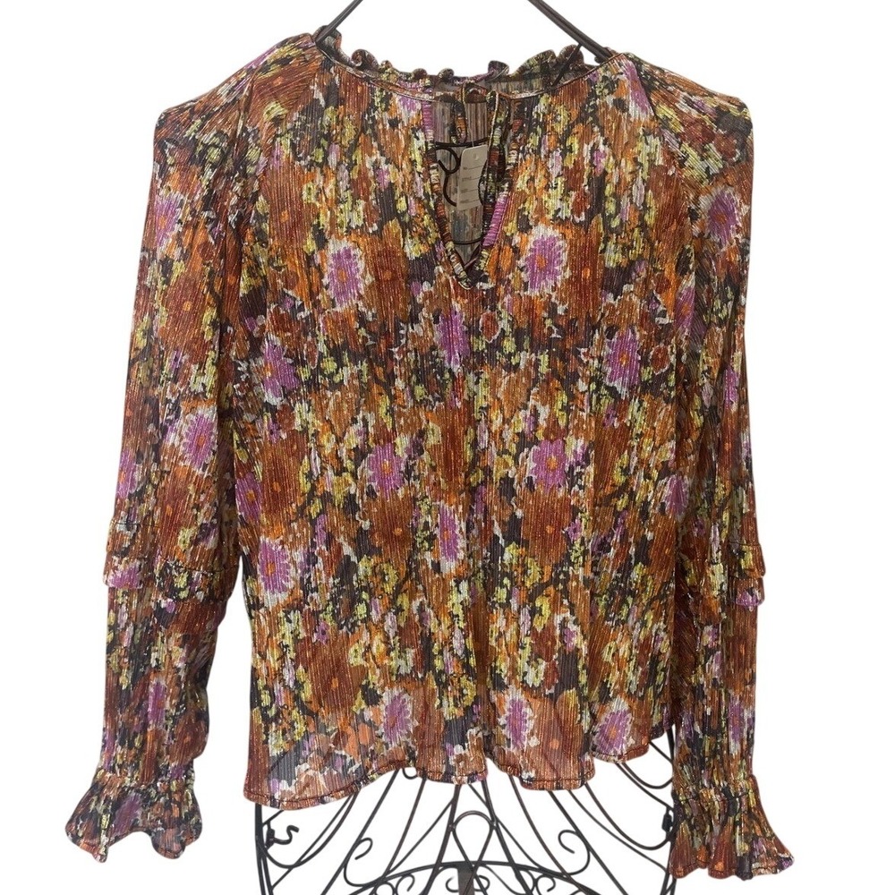 Ramy Brook Floral Ruffled V-Neck Blouse in Rust, Purple & Yellow